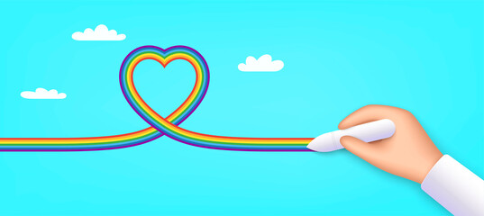Realistic hand writing LGBT love icon. Continuous pride flag line with heart symbol. Banner with 3d hand. Author write or draw LGBT flag heart. Diversity culture Valentine day background. Vector