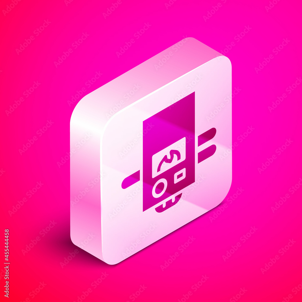 Wall mural isometric gas boiler with a burning fire icon isolated on pink background. silver square button. vec