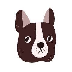 Cute dog's face. Funny puppy's head of French bulldog. Amusing doggy portrait. Adorable muzzle of canine animal. Sweet lovely pup drawn in doodle style. Flat vector illustration isolated on white