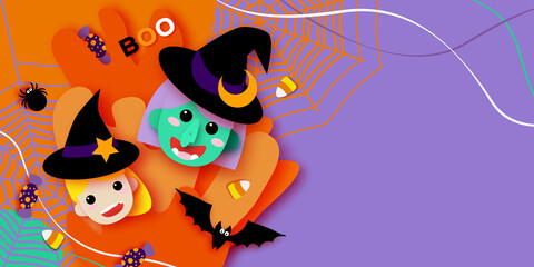Cute Little Witch. Scary Green Skin Witch. Happy Halloween. Monsters paper cut style. Funny Trick or treat. Bat, spider, web, candy. Space for text Orange Purple