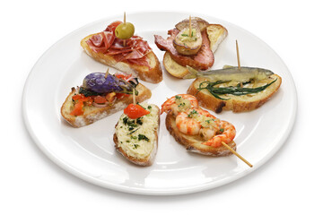 variety of spanish pinchos( italian cicchetti ) isolated on white background