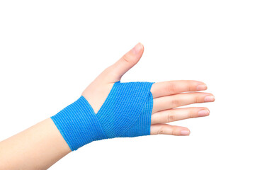 Blue elastic bandage on the wrist joint of the hand on a white background, isolate. Concept of wrist fixation in case of dislocation and contusion, compression - obrazy, fototapety, plakaty