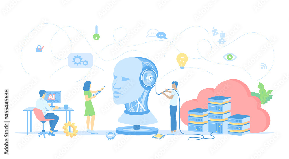 Poster artificial intelligence ai, future technology, digital brain, machine learning. team works with smar