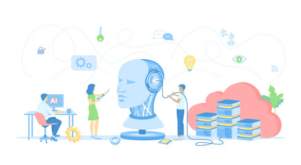 Artificial Intelligence AI, Future technology, Digital brain, Machine learning. Team works with smart brain computer, neural networks. Vector illustration flat style.