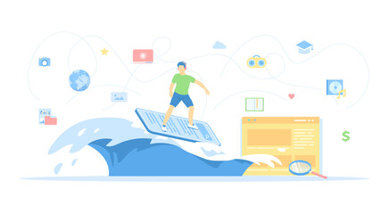 Internet Surfing. Online Search and Viewing information on the Internet, Browsing. Man riding a wave on a smartphone. Mobile phone as a surf board. Vector illustration flat style.