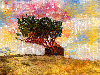 A wish tree and a small wooden hut in an empty field. Tree branches with colorful ribbons tied on. Rustic hut. Multicolored sunset sky. Digital watercolor painting.