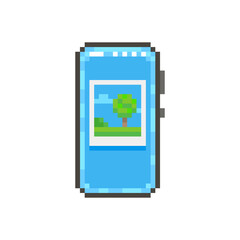 colorful simple flat pixel art illustration of modern smartphone with photo or picture of a green landscape on the screen