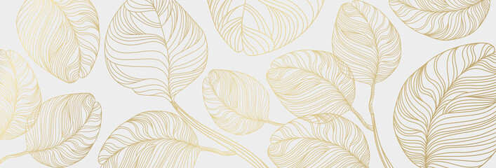 Luxury floral pattern with gold leaves on a white background. Vector illustration with plant elements in line art style for covers, advertisements, wedding invitations, cards, wallpapers 
