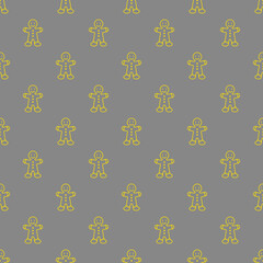 Christmas gingerbread man cookies pattern. Yellow ginger bread man with icing decoration on gray background. Colors of year 2021 illuminating yellow and ultimate gray vector seamless pattern