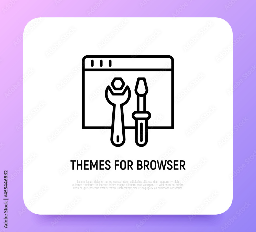 Poster browser settings thin line icon, wrench and screwdriver on web page. themes for browser. modern vect