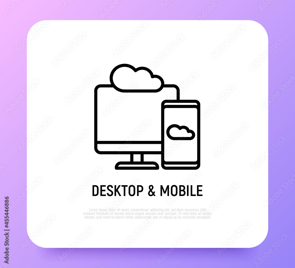 Poster cloud computing thin line icon, smartphone sync with desktop. modern vector illustration.