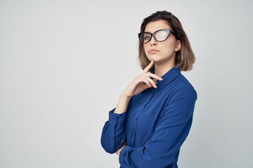 Business woman wearing glasses blue shirt fashion elegant style