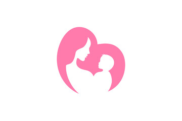 Mother and baby logo vector symbol. Mom hugs her child logo template