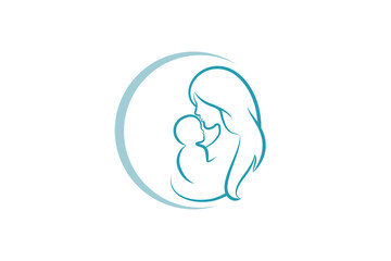 Mother and baby logo vector symbol. Mom hugs her child logo template