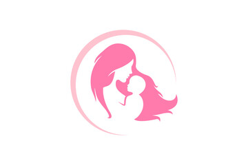 Mother and baby logo vector symbol. Mom hugs her child logo template
