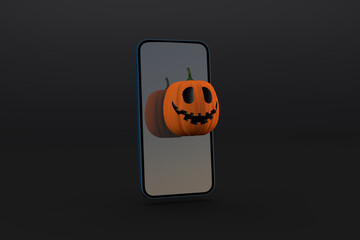 3D Digital Halloween concept with smartphone and scary pumpkin