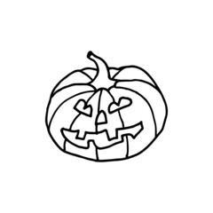 Pumpkin with face on white background. Halloween. Hand drawn illustration. Doodle style.