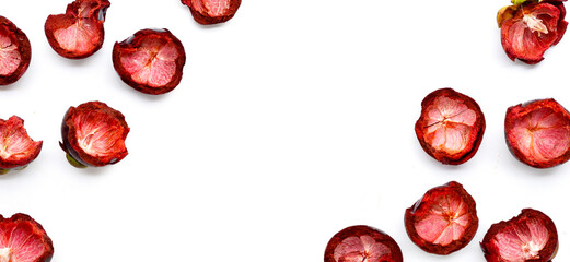 Mangosteen peels on white background. Top view
