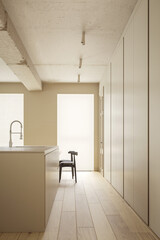 3d visualization of the modern beige interior with a view of the kitchen. The idea for collage, mood boards, design of social networks and sites