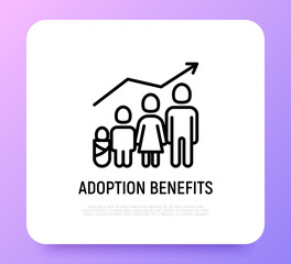 Adoption benefits thin line icon, family with child and baby and graph of growth. Modern vector illustration.