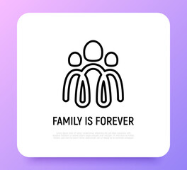 Family is forever, two parents and child symbol. Adoption, parenting logo in heart shape. Modern vector illustration.