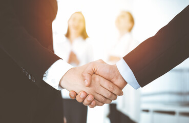 Businessman and woman shaking hands with colleagues at the background. Handshake at meeting in sunny office