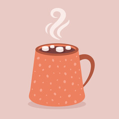 Coffee cup with marshmallow, hot chocolate, cocoa. Autumn and winter hot drink. Vector illustration