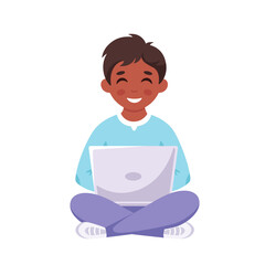 Black boy studying with laptop. Online learning, back to school concept. Vector illustration