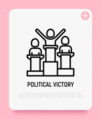 Political victory thin line icon, man at tribune with hands up. Modern vector illustration.