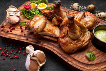 Grilled chick with herbs and sauce on a wooden board. on a black background