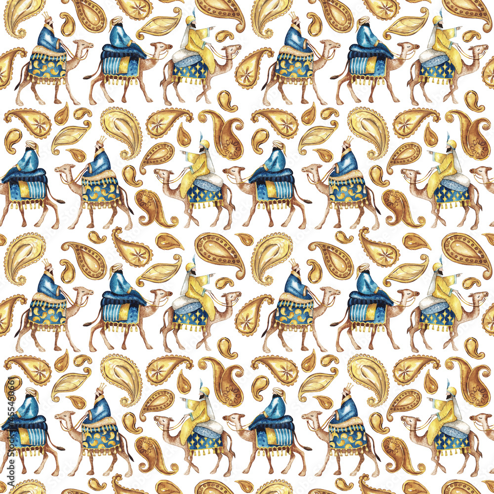 Wall mural Three biblical Kings (Caspar, Melchior and Balthazar) follow the star. Three wise men on camels. Seamless background pattern. Waterccolor illustration