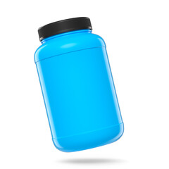 Blue plastic jar for sport nutrition whey protein powder isolated on white