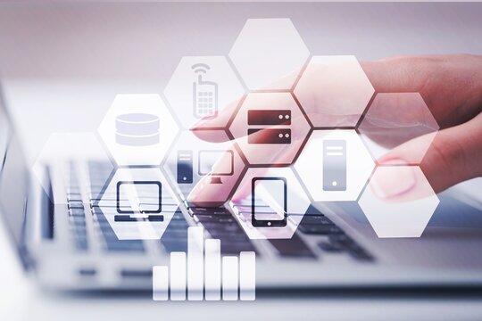 Technology process of digital software development concept. Programmer on laptop computer,