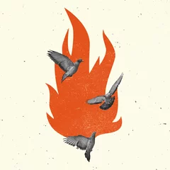 Poster Contemporary art collage, modern creative design. Idea, inspiration, saving environment, environmental care, ecology. Birds and fire © master1305