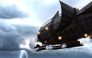 A huge steampunk airship with lights on against the backdrop of an evening stormy sky with lightning. Beautiful fantasy 3D illustration. Fantastic wallpaper © Valeriy