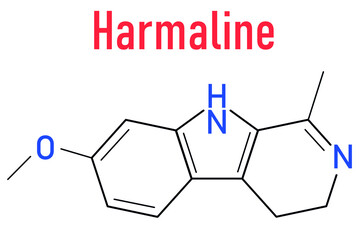 Harmaline indole alkaloid molecule. Found in Syrian rue (Peganum harmala). Skeletal formula.