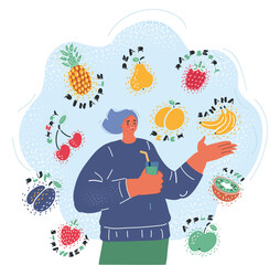 Vector illustration of image of a woman with glass of healthy smoothie and differen fruit arround.