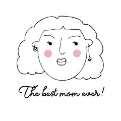 Vector portrait of a female character.Cartoon funny minimalistic man. Linear hand drawn face with emotion and mood. Friendly inscription. Postcard for social networks