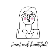 Vector portrait of a female character.Cartoon funny minimalistic man. Linear hand drawn face with emotion and mood. Friendly inscription. Postcard for social networks