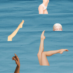 Contemporary art collage, modern creative design. Composition with legs, head and body of multiethnic people in sea. Idea, inspiration, nature, beauty, environmental care, ecology.