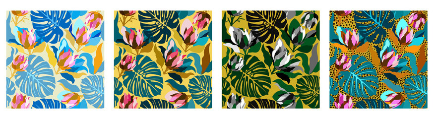 Fototapeta na wymiar Vector set of four seamless patterns with protea and tropical leaves.
