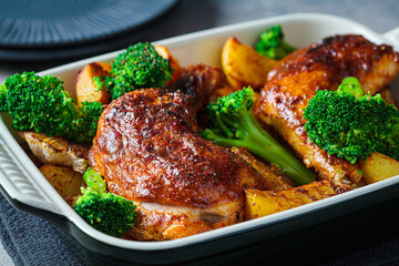 Baked chicken legs with potatoes, broccoli and garlic in baking dish, dark background. Healthy festive food concept.