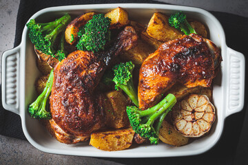 Baked chicken legs with potatoes, broccoli and garlic in baking dish, dark background. Healthy festive food concept.