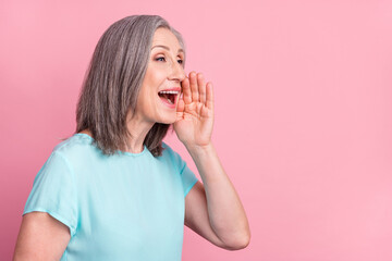 Profile photo of cute old grey hairdo lady hand mouth wear teal blouse isolated on pink color background