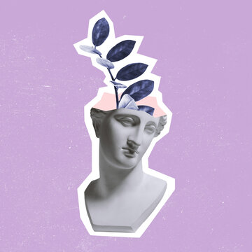 Contemporary art collage, modern creative design. Composition with bust of ancient statue and branch of tree. Idea, inspiration, saving environment, environmental care, ecology.