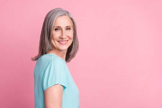 Profile photo of nice old grey hairdo lady wear blue blouse isolated on pink color background