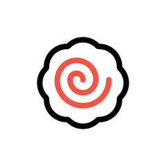 Narutomaki or kamaboko surimi vector outline icon. Traditional Japanese naruto steamed fish cake with pink swirl in the center. Topping for ramen noodle soup isolated illustration.