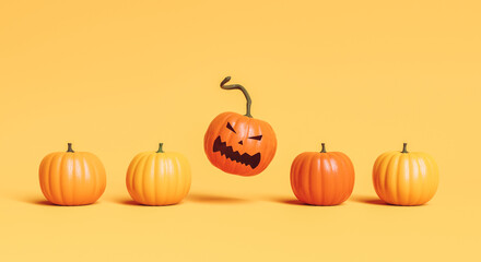 row of pumpkins with one of them jumping with angry face. concept of Halloween and arrival of autumn. 3d rendering 