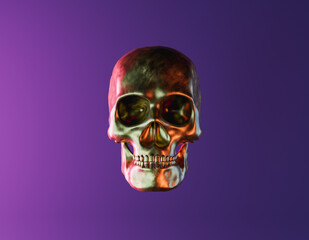 close up shot of a golden skull with neon lighting. minimalistic halloween concept. 3d rendering 