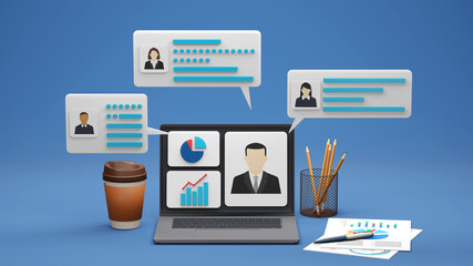 3D render illustration. Digital business concept. business team using laptop for online meeting in video call on blue background.